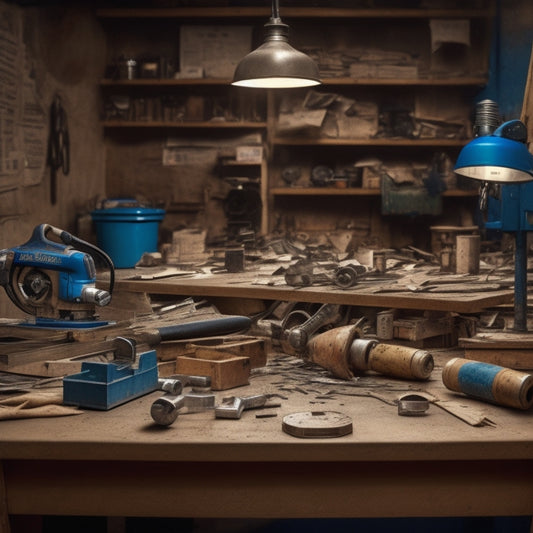 A cluttered workshop with various renovation tools, such as a circular saw, drill press, and level, scattered on a wooden workbench, surrounded by worn blueprints and scattered notes with mathematical calculations.