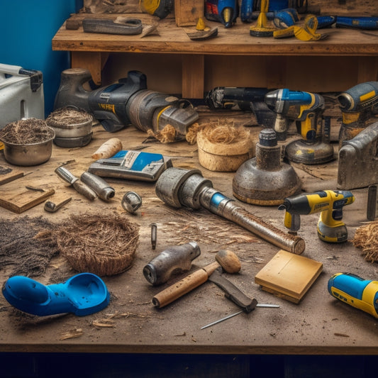 A cluttered workbench with a variety of budget-friendly power tools, including a cordless drill, impact driver, circular saw, and jigsaw, surrounded by scattered wood shavings and DIY renovation materials.