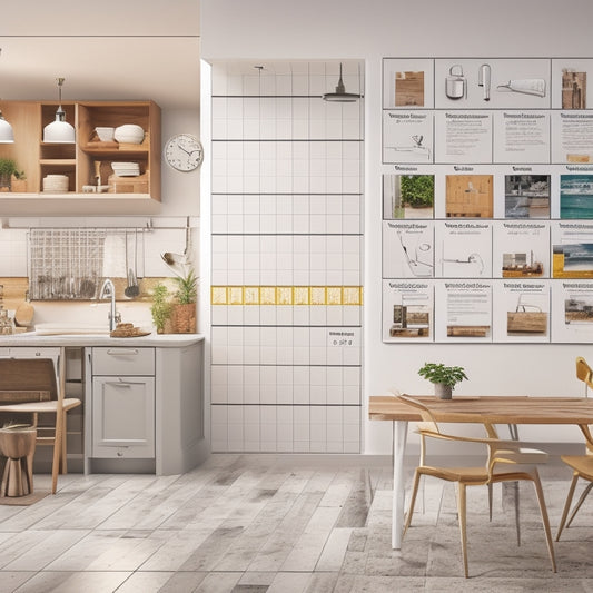 An illustration of a kitchen with a calendar in the background, divided into sections with different renovation stages (demo, plumbing, electrical, etc.), each with its own timeline and progress bars.