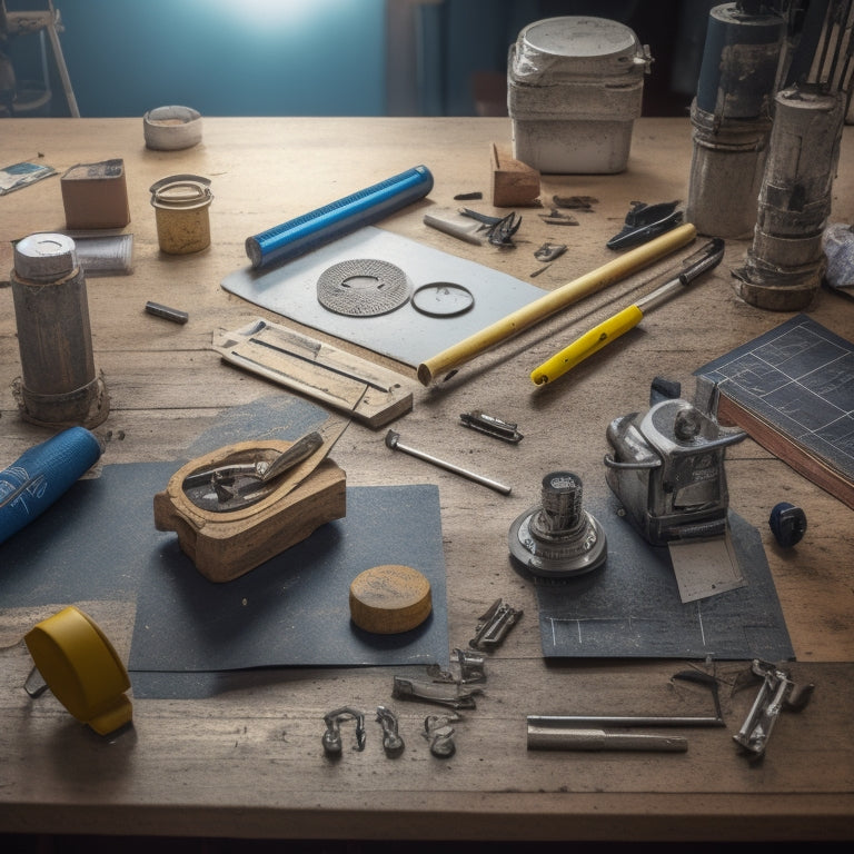 A cluttered workshop table with a level, tape measure, and caliper against a wooden backdrop, surrounded by scattered blueprints, DIY manuals, and a few scattered screws and nails.