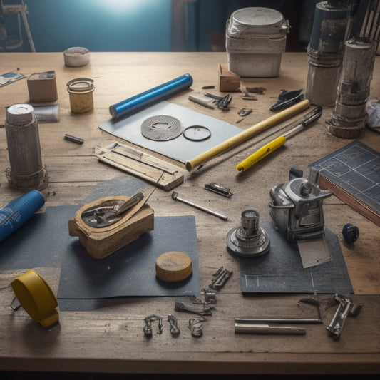 A cluttered workshop table with a level, tape measure, and caliper against a wooden backdrop, surrounded by scattered blueprints, DIY manuals, and a few scattered screws and nails.