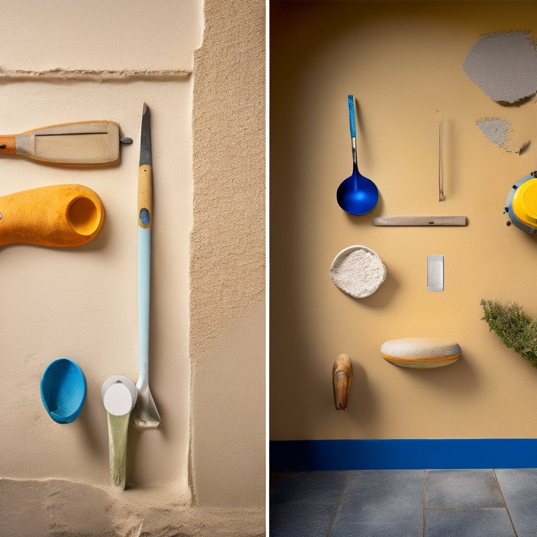 An image of a stucco wall with various tools scattered around, including a trowel, float, and edger, with a before-and-after contrast of a renovated section with smooth, even stucco next to a rough, cracked area.