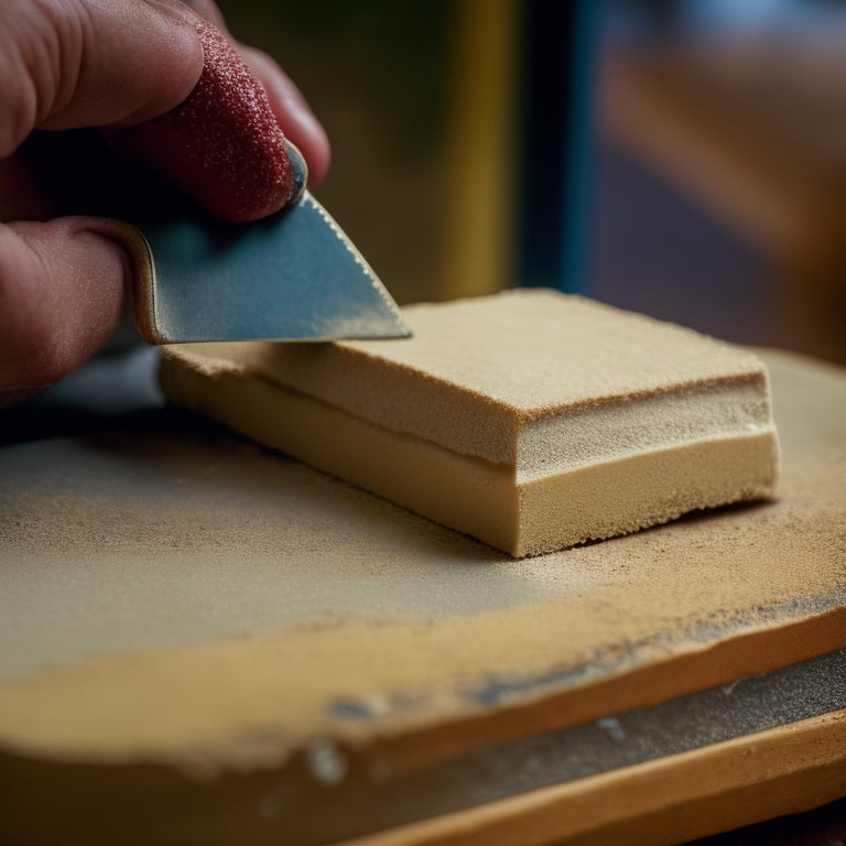 A close-up of a person's hands holding a putty knife and a sanding block, with a section of damaged plaster wall in the background, showing cracks, holes, and uneven surfaces.