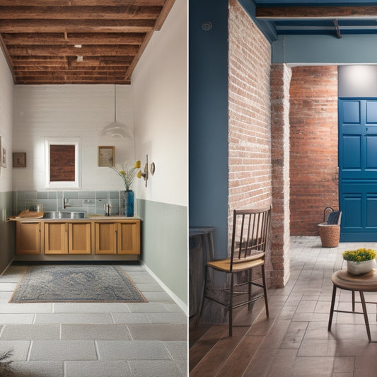 A split-screen image featuring a before-and-after comparison of a block wall renovation, with a cluttered, outdated space on the left and a modern, sleek area on the right, with various renovation tools scattered around.