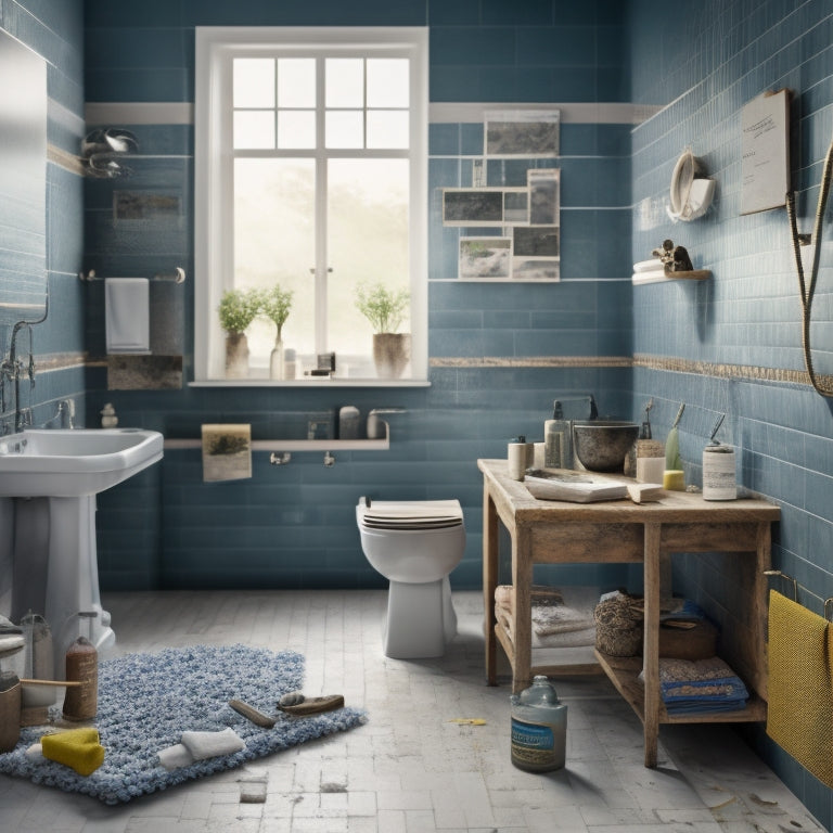 A bathroom renovation scene with a torn-out tub, scattered tools, and a calendar on the wall with marked deadlines, surrounded by inspirational design boards and swatches of tile and paint.