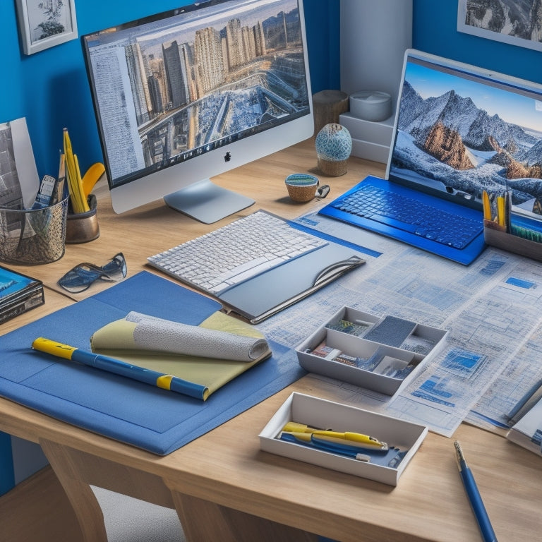 A tidy, organized workspace with a large desk, a laptop, and a tablet displaying a 3D home design, surrounded by rolled-up blueprints, colorful pens, and a few scattered renovation tiles.