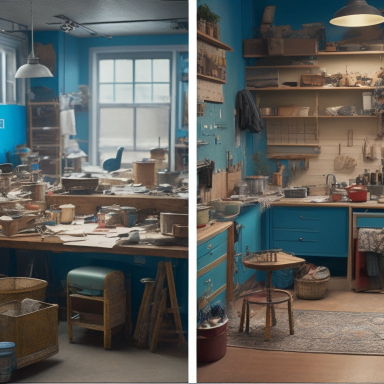 A split-screen image: a cluttered, chaotic renovation scene with scattered tools and materials on the left, and a tidy, organized space with a laptop and blueprints on the right.