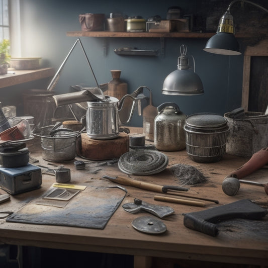 A cluttered home renovation workspace with various tools and materials scattered around, featuring a central focal point of a sturdy, stainless steel filling equipment with a bright, shiny finish.