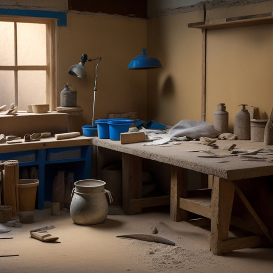 A tidy workbench with a plastering hawk, trowel, and putty knife, surrounded by small piles of plaster and sand, with a partially plastered wall in the background.