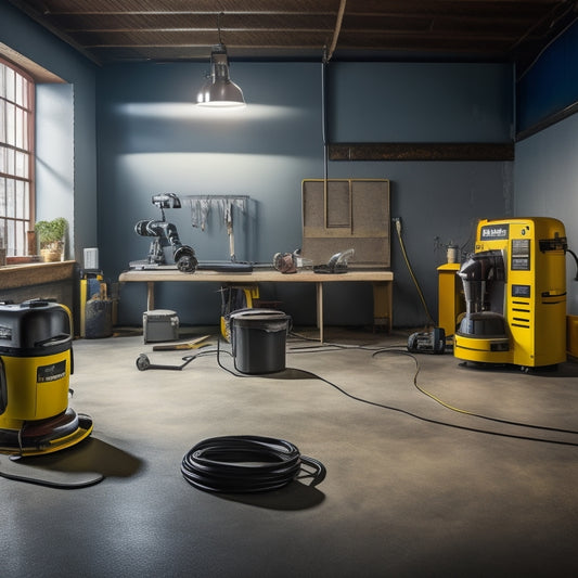 A high-contrast, well-lit photograph of a polished floor renovation workspace, featuring a variety of grinders, including a concrete grinder, floor polisher, and edger, with cables and dust collectors in the background.