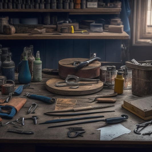 A cluttered workshop table with various repair kit tools and materials, including a hammer, screwdrivers, pliers, wrenches, and a toolbox, surrounded by renovation plans and blueprints.