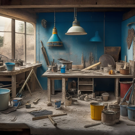 A cluttered construction site with a focal point on a workbench, showcasing a variety of decorative plaster renovation tools, including trowels, floats, and edgers, surrounded by buckets and ladders.