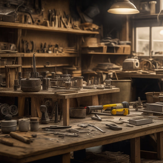 A cluttered workshop with various edgers, including electric and manual models, placed on a wooden workbench surrounded by DIY renovation tools and materials, with a blurred background of a renovation site.