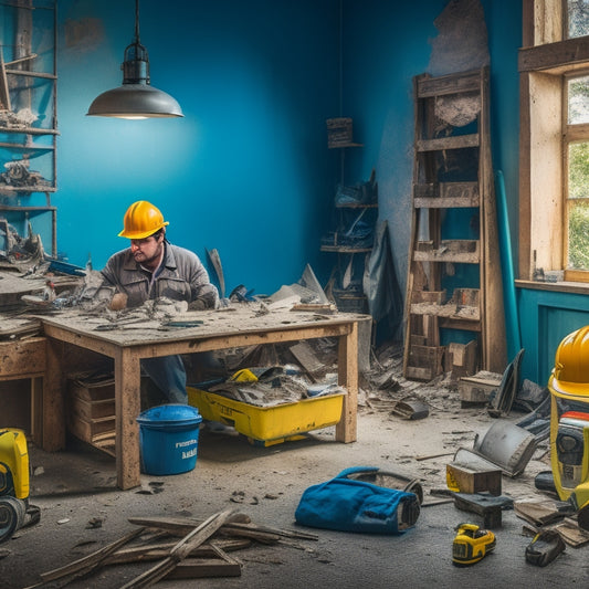 A cluttered home renovation workspace with scattered power tools, a half-demolished wall, and a worker in the background wearing a hard hat, safety goggles, earplugs, and a dust mask.