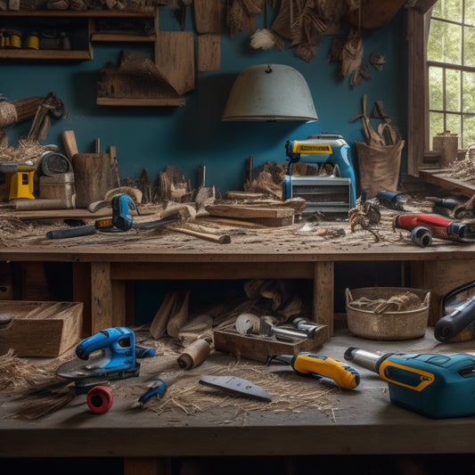 A cluttered but organized workbench with a variety of budget-friendly power tools, including a cordless drill, impact driver, circular saw, and jigsaw, amidst scattered wood shavings and renovation materials.