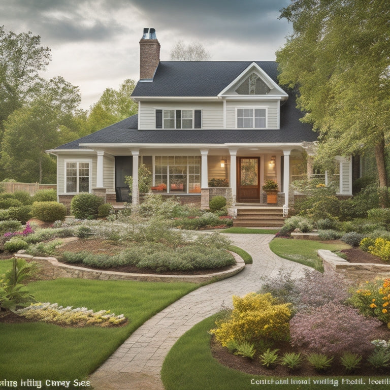 A serene suburban home with a mix of modern and traditional architectural styles, surrounded by lush greenery, with a renovation crew at work, and various tools and materials scattered around.