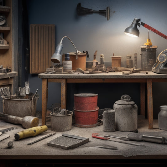 A cluttered workbench with various DIY concrete engraving tools, including a rotary hammer, engraving bits, safety goggles, and a mixing bucket, surrounded by partially engraved concrete slabs and scattered dust.