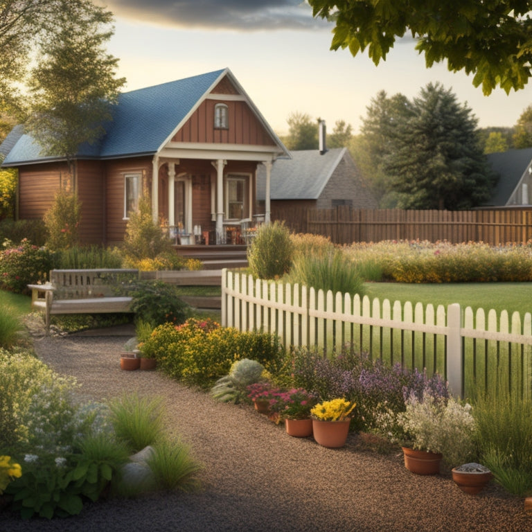 An illustration of a backyard with a mix of raised beds in different shapes and sizes, surrounded by a rustic wooden fence, with a subtle hint of a renovated house in the background.