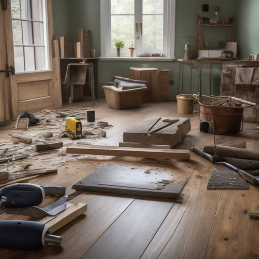 A messy home renovation scene with scattered flooring materials, power tools, and a few saws in the foreground, with a faint background of a half-installed hardwood floor.