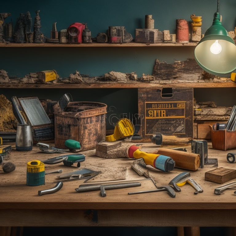 A cluttered but organized workspace with various DIY tools scattered on a wooden table, including a drill, level, tape measure, wrench, and hammer, surrounded by renovation materials like bricks, pipes, and wooden planks.