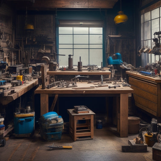 A cluttered but organized workshop with a wooden workbench, surrounded by various renovation tools, including a circular saw, drill press, and level, with a cityscape or blueprint in the background.