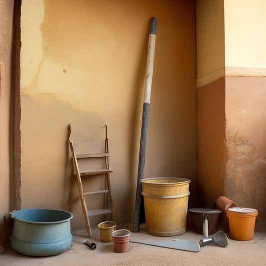 A dusty, worn exterior wall with crumbling plaster, surrounded by renovation tools: a trowel, mixing bucket, sandpaper, and a ladder, set against a muted, earth-toned background.