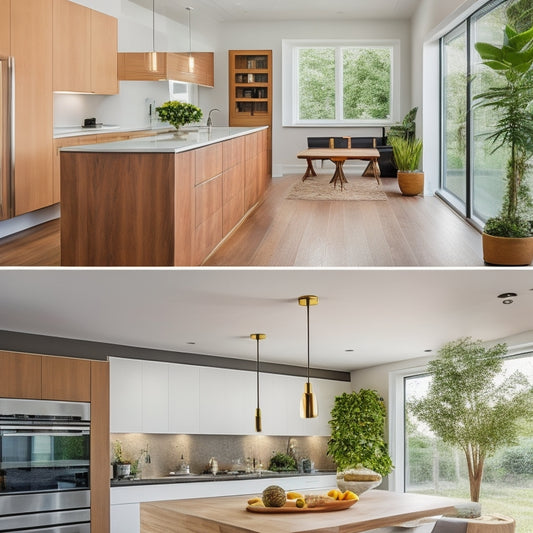 A beautifully renovated modern home interior with a flawless finish, featuring a combination of sleek edging profiles on walls, floors, and countertops, in a harmonious blend of neutral tones and natural materials.