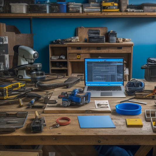 An organized workshop with a workbench, surrounded by toolboxes, measuring tapes, levels, hammers, and a laptop with a blueprint on the screen, amidst a subtle renovation background.