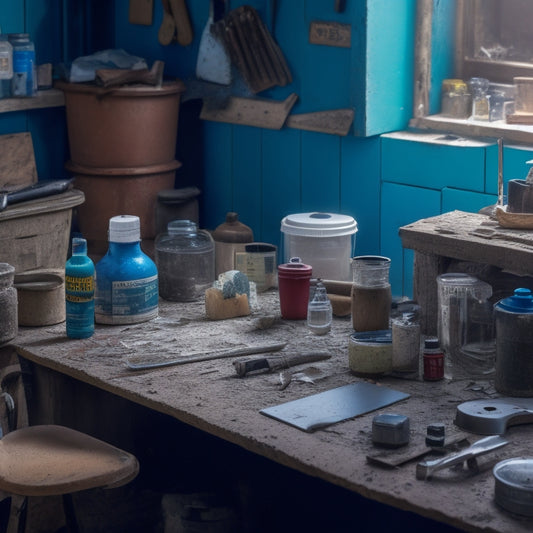 A cluttered workbench with various crack filling tools, including a caulk gun, putty knife, and patching compound, surrounded by cracked walls, floors, and countertops in the background.