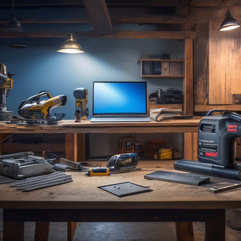 A tidy, well-lit workshop with a sleek, silver laptop and a set of high-end, brand-name power tools, including a circular saw and drill, arranged neatly on a wooden workbench.
