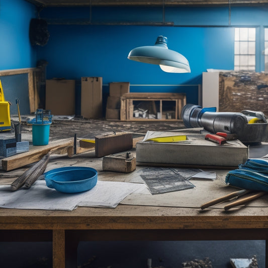 A well-organized renovation zone with a hammer, safety goggles, and a clipboard on a clean workbench, surrounded by neatly rolled blueprints and a partially demolished wall with exposed wiring.