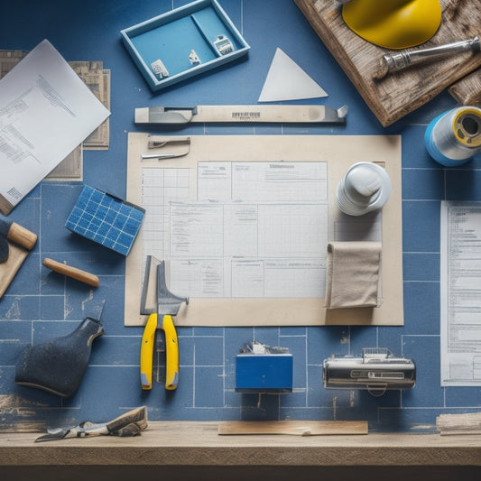 A cluttered home renovation site with scattered tools, blueprints, and a half-finished wall, contrasted with a tidy clipboard holding a checklist, surrounded by a faint grid of checkboxes and a miniature house icon.