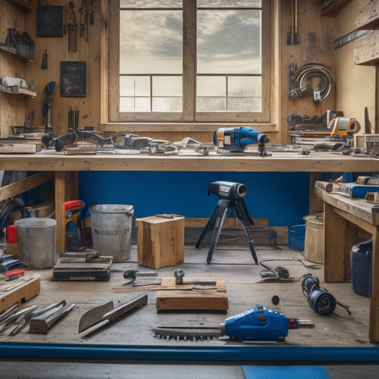 A cluttered workshop with a variety of power tools, including a cordless drill, impact driver, circular saw, and jigsaw, arranged on a wooden workbench surrounded by renovation materials and scattered blueprints.