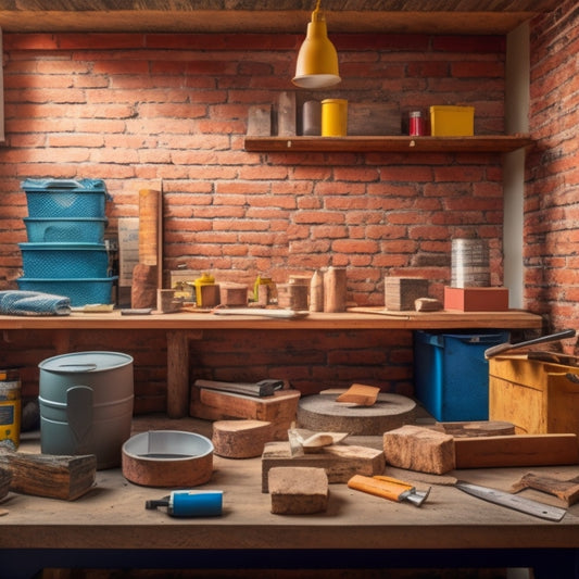 A well-organized, clutter-free workspace with a variety of block laying tools, including a spirit level, trowel, jointer, and mixing bucket, arranged on a wooden workbench surrounded by neat stacks of bricks.