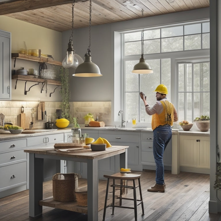 A serene, well-lit kitchen with a mix of modern and rustic elements, featuring a contractor in a yellow hard hat, standing on a ladder, surrounded by blueprints and tools, with a calm homeowner observing in the background.