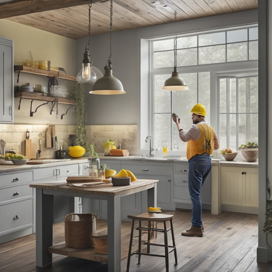 A serene, well-lit kitchen with a mix of modern and rustic elements, featuring a contractor in a yellow hard hat, standing on a ladder, surrounded by blueprints and tools, with a calm homeowner observing in the background.