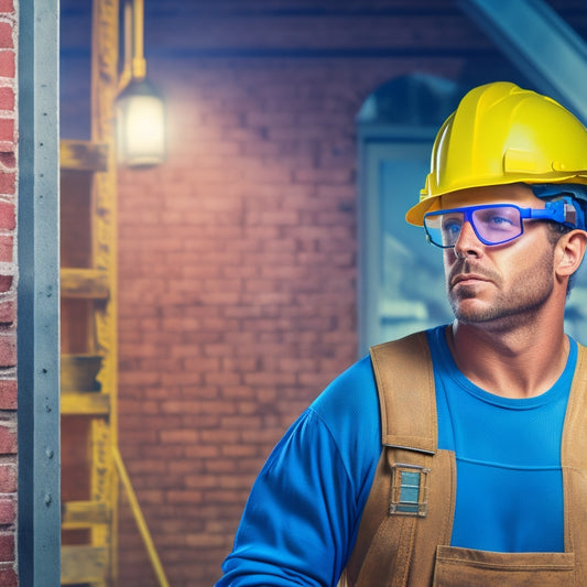 An illustration of a bricklayer wearing a hard hat, safety goggles, and a dust mask, standing on a scaffolding amidst a partially renovated home with caution signs and warning tapes surrounding the area.