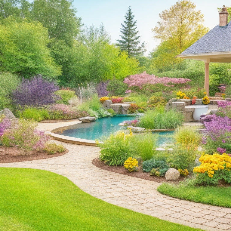 A serene backyard scene with a renovated house, featuring a blooming garden, a meandering stone path, and a tranquil pond, surrounded by lush greenery and vibrant flowers, with a subtle construction hint.
