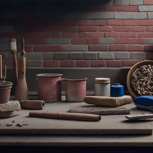A tidy workshop background with a selection of 5-7 pointing trowels of varying sizes and materials, arranged artfully alongside a small pile of mortar, a brick, and a few scattered tiles.