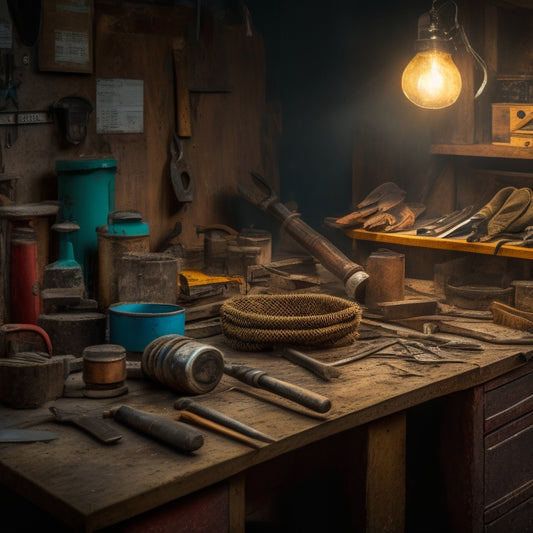 A cluttered workbench with a variety of tools, including a rusty wrench, a dull saw, and a hammer with a cracked handle, surrounded by scattered tool manuals and worn-out gloves.