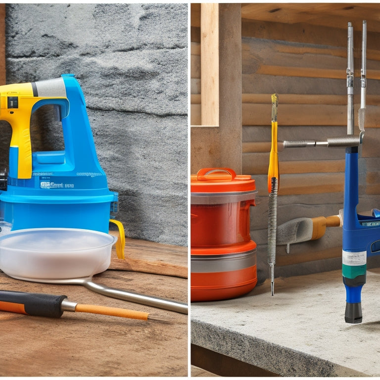 A split-screen image comparing epoxy injection tools: a manual tool with a syringe and caulk gun on one side, and a pneumatic tool with a hose and nozzle on the other, against a background of a renovated basement.