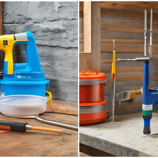A split-screen image comparing epoxy injection tools: a manual tool with a syringe and caulk gun on one side, and a pneumatic tool with a hose and nozzle on the other, against a background of a renovated basement.