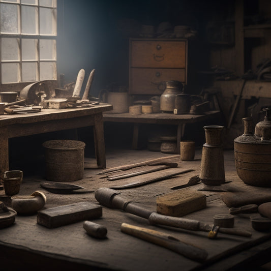 A dimly lit, cluttered workshop background with scattered renovation materials, featuring five trowels with varying handle materials and blade shapes, arranged artfully on a worn wooden table.