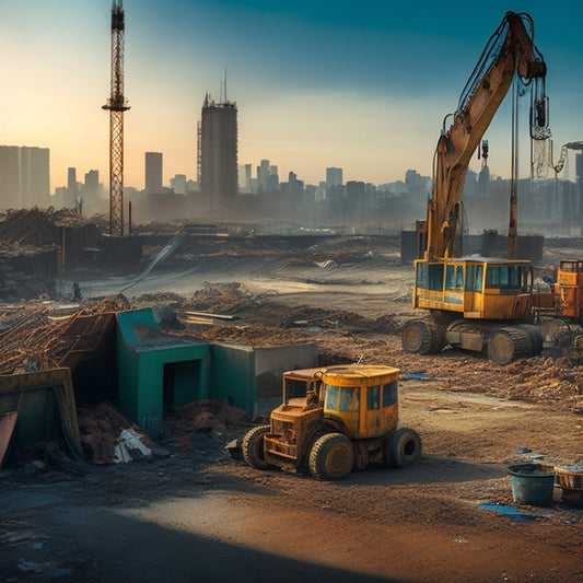 A cluttered construction site with rusty, worn-out machinery and tools scattered around, surrounded by broken concrete, tangled wires, and puddles of oil, with a faint cityscape in the background.