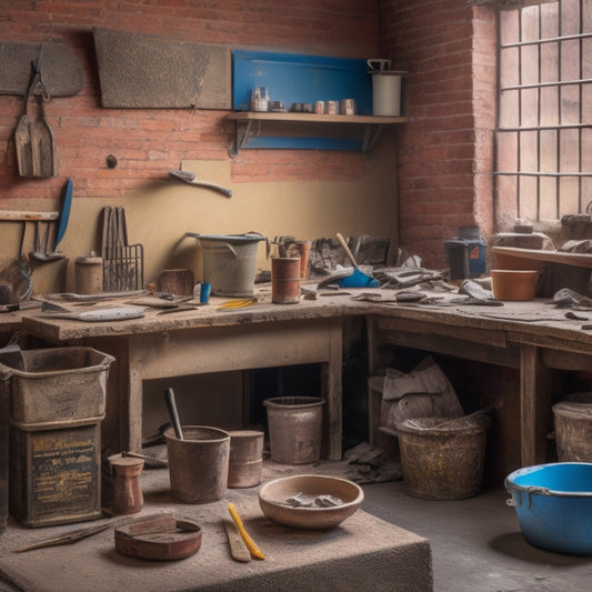 A cluttered workbench with various plastering tools, including a mixing bucket, trowel, hawk, joint knife, and putty knife, with a subtle background of a partially renovated room with exposed brick walls.