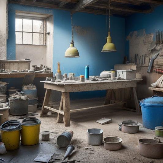 A cluttered workshop table with various concrete plastering tools: trowels, floats, edgers, and mixers, surrounded by buckets of mixed plaster, scattered blueprints, and a backdrop of a partially renovated room.