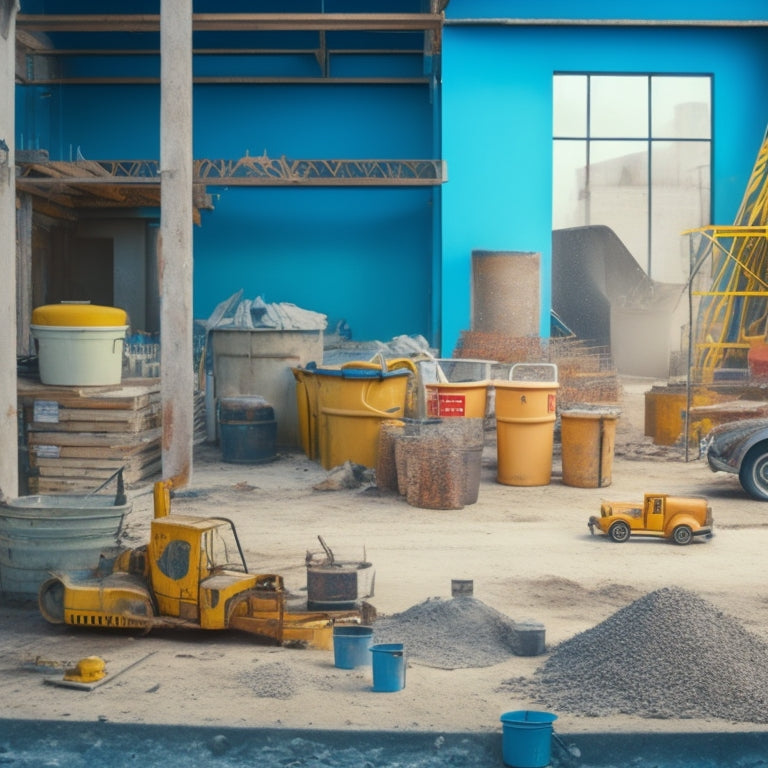 A cluttered construction site with a small renovation project in progress, featuring a few concrete mixers of varying sizes and brands, surrounded by tools, buckets, and scattered building materials.