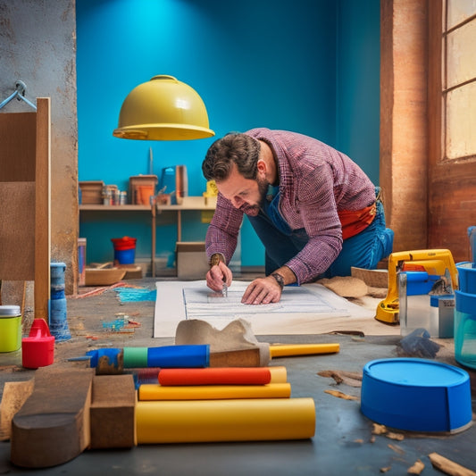 An image of a renovation site with a mix of old and new materials, featuring a contractor measuring a surface with a tape measure, surrounded by various sealant tubes and color-coded notes on a clipboard.