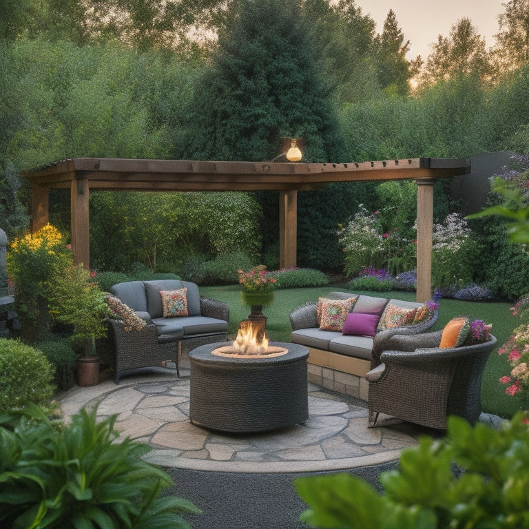 A serene backyard oasis with a newly paved patio, adorned with lush greenery and vibrant flowers, featuring a stylish outdoor furniture set and a statement fire pit under a string-lit pergola.