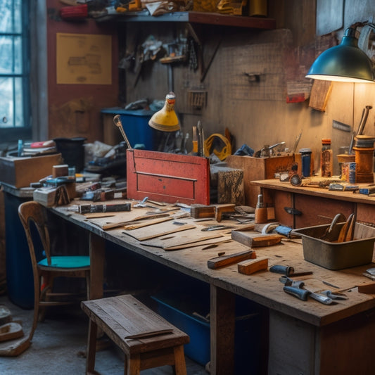 A cluttered workbench with various trowels, hammers, and renovation tools scattered around, with a blurred background of a partially renovated room, and a faint outline of a checklist on a clipboard.